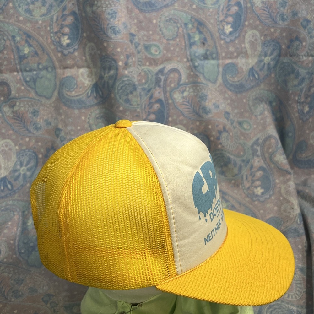 Vintage Crime Doesnt Pay Neither Does My Job Trucker Hat Yellow White Snapback - Picture 9 of 16